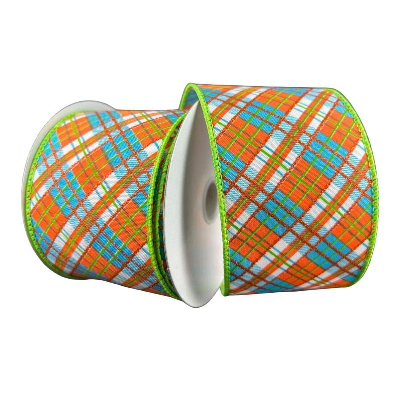 2.5" White Satin Busy Plaid Ribbon: Teal, Lime and Orange (10 Yards)